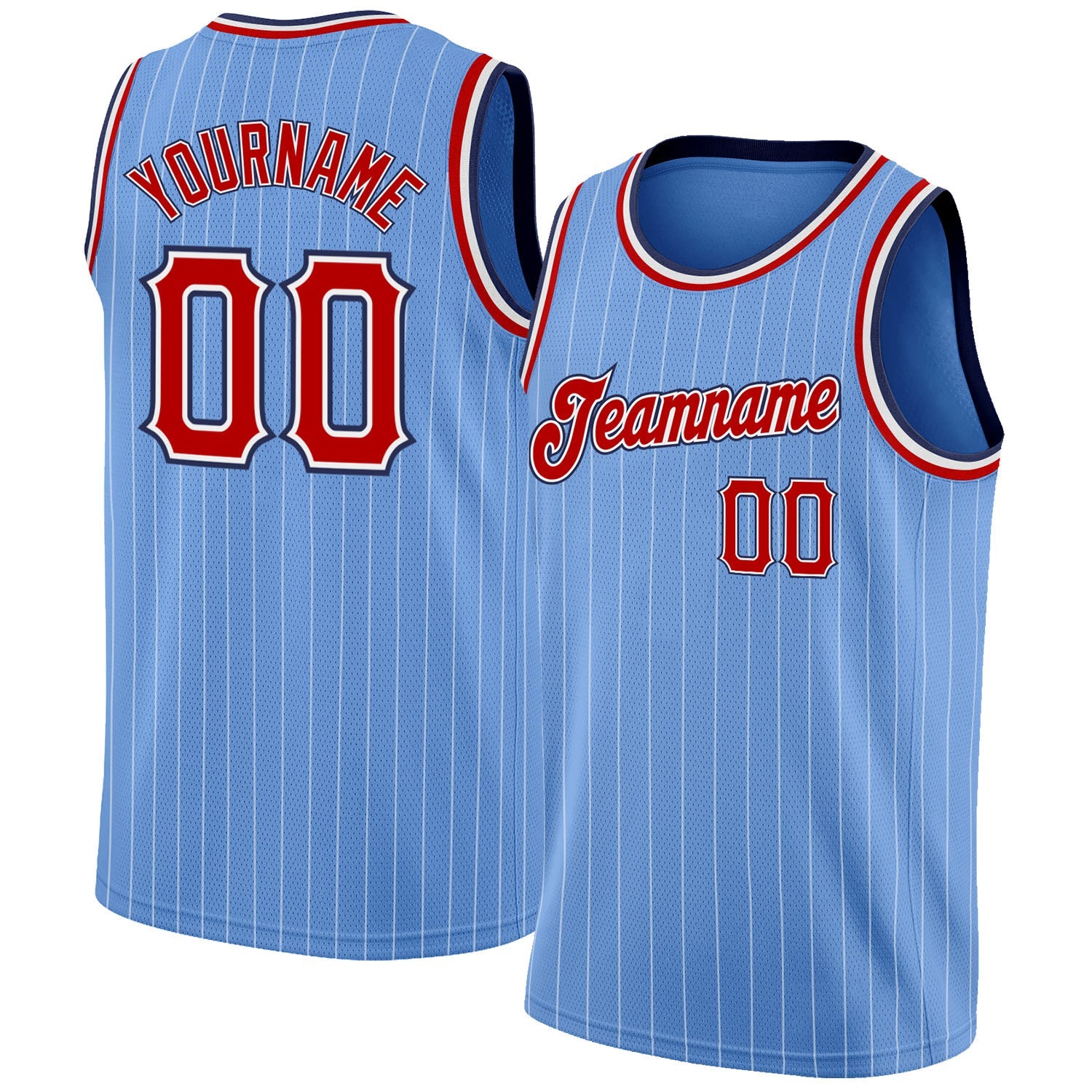 Custom Light Blue White Pinstripe Red-Navy Authentic Basketball Jersey - Main View
