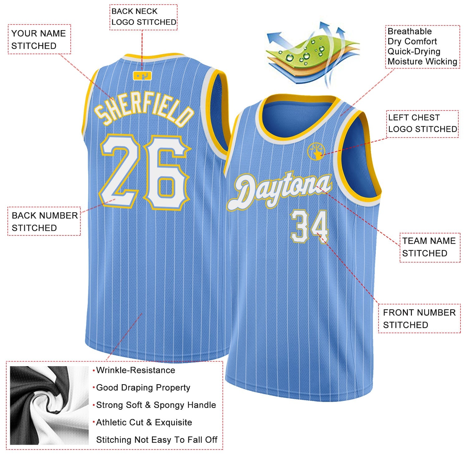 Custom Light Blue White Pinstripe White-Gold Authentic Basketball Jersey view 2