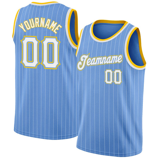 Custom Light Blue White Pinstripe White-Gold Authentic Basketball Jersey - Main View