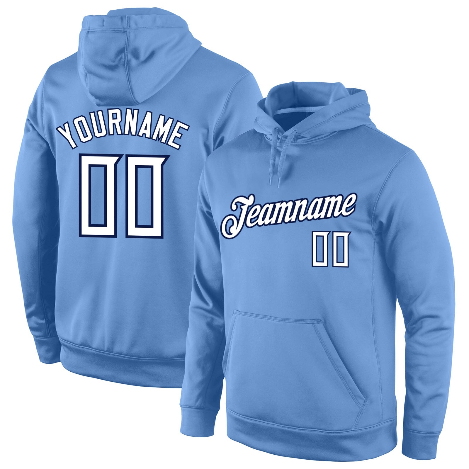 Custom Stitched Light Blue White-Navy Sports Pullover Sweatshirt Hoodie - Main View