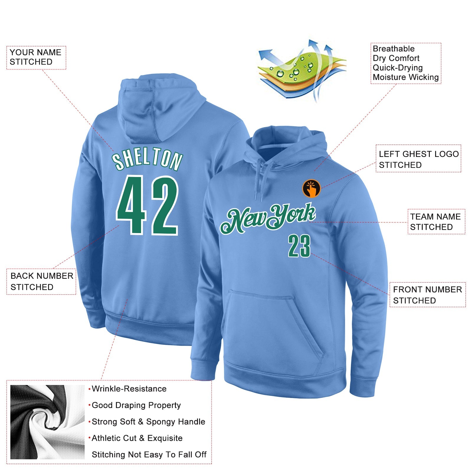 Custom Stitched Light Blue Kelly Green-White Sports Pullover Sweatshirt Hoodie view 4