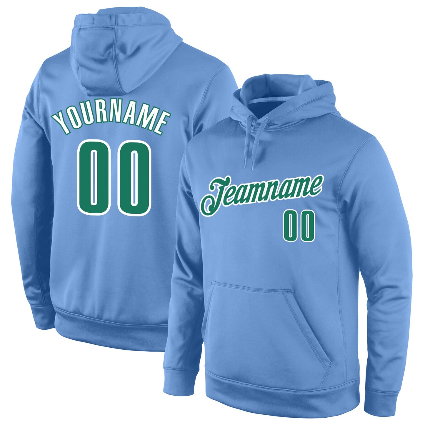 Custom Stitched Light Blue Kelly Green-White Sports Pullover Sweatshirt Hoodie - Main View