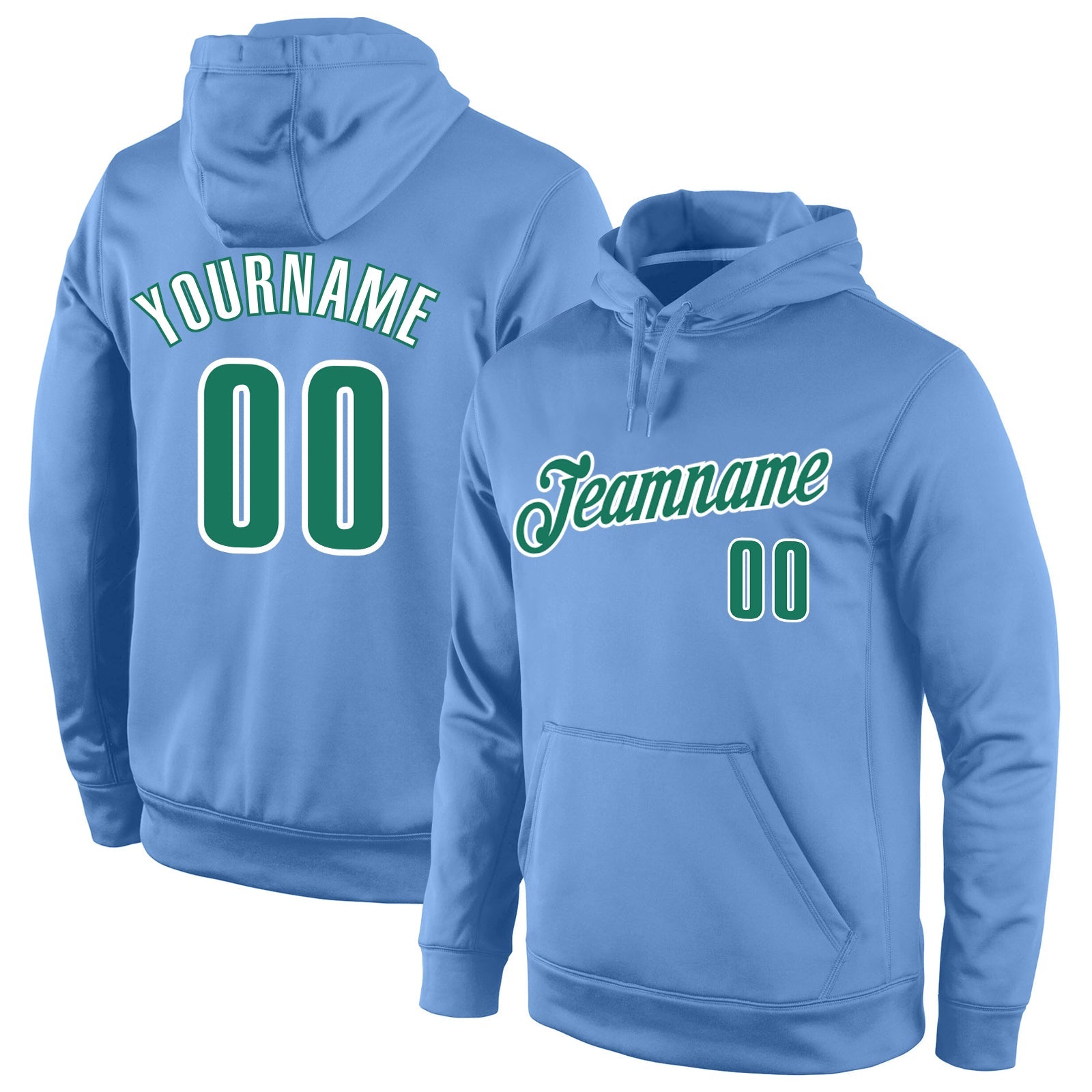 Custom Stitched Light Blue Kelly Green-White Sports Pullover Sweatshirt Hoodie - Main View