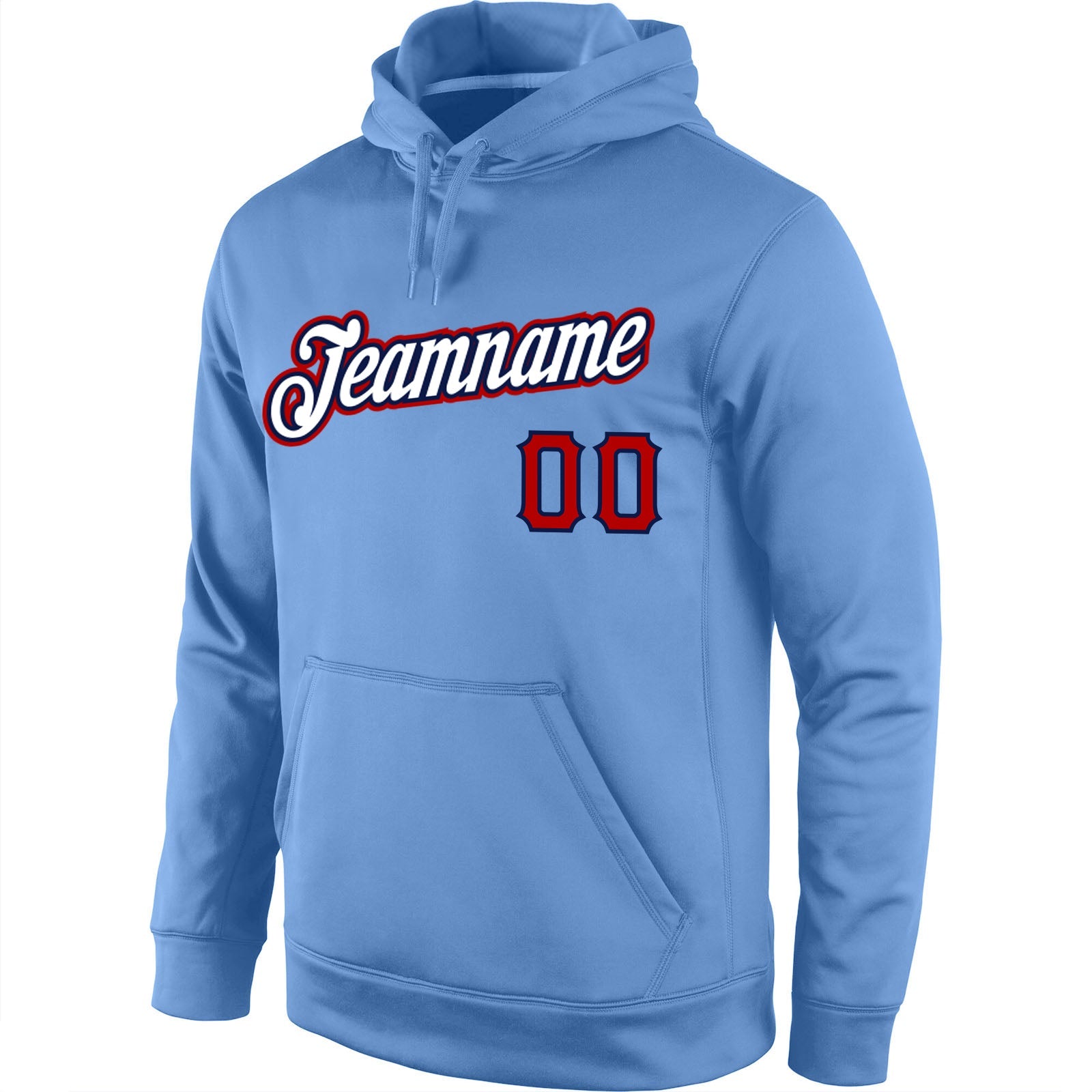 Custom Stitched Light Blue White-Red Sports Pullover Sweatshirt Hoodie view 2