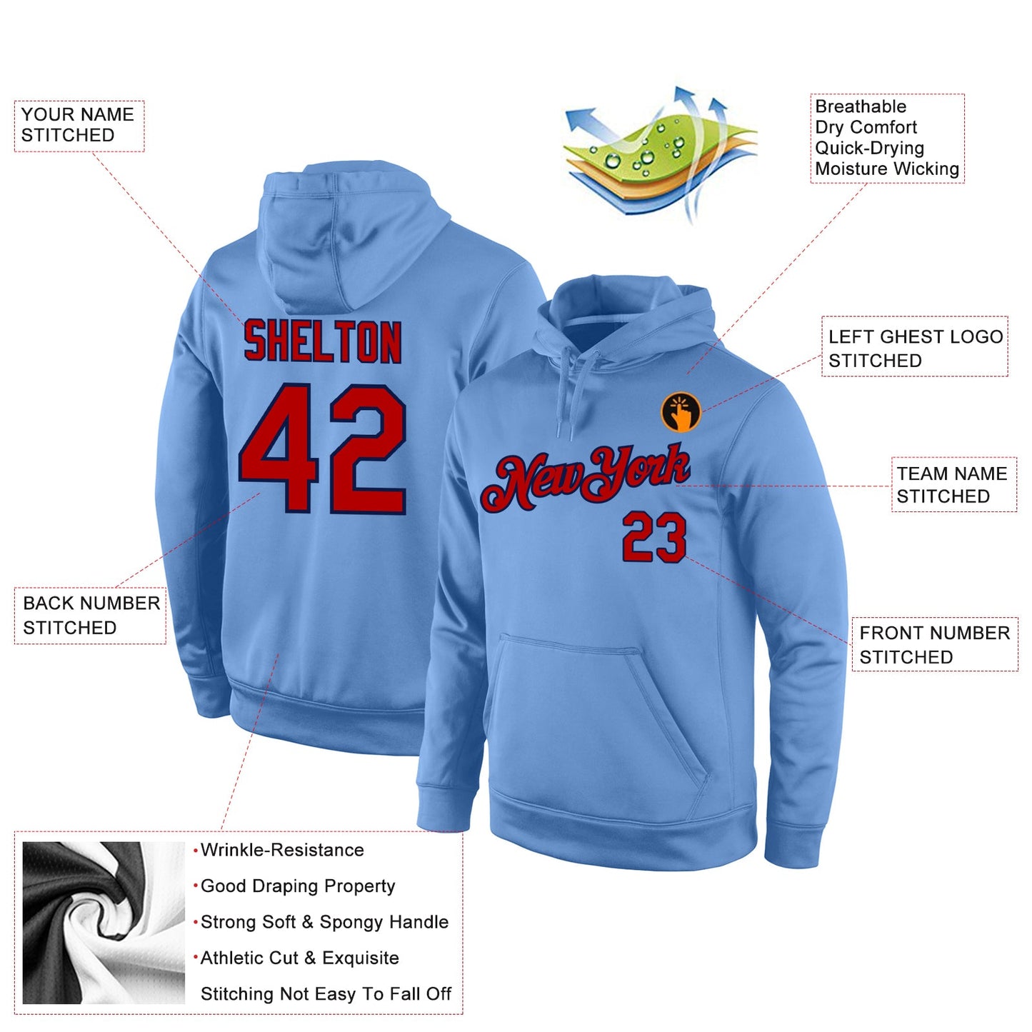 Custom Stitched Light Blue Red-Navy Sports Pullover Sweatshirt Hoodie view 4