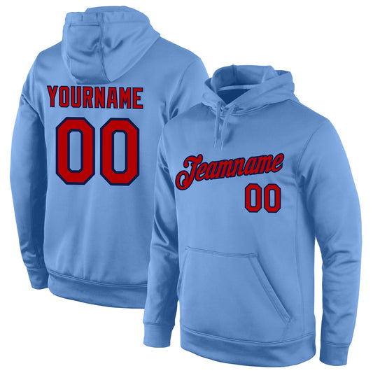Custom Stitched Light Blue Red-Navy Sports Pullover Sweatshirt Hoodie - Main View