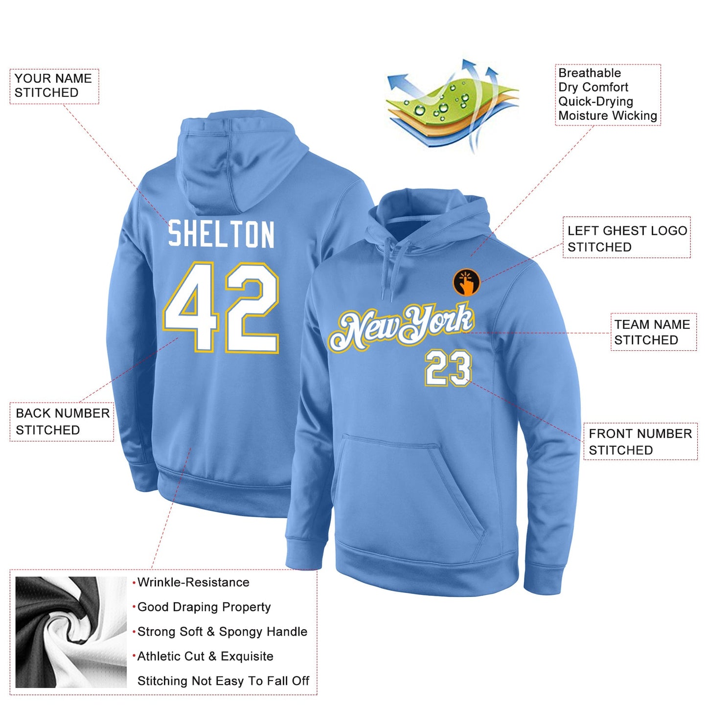 Custom Stitched Light Blue White-Gold Sports Pullover Sweatshirt Hoodie view 4