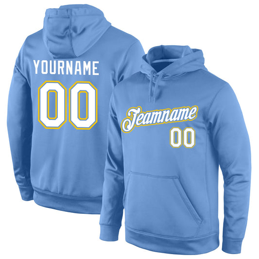 Custom Stitched Light Blue White-Gold Sports Pullover Sweatshirt Hoodie - Main View