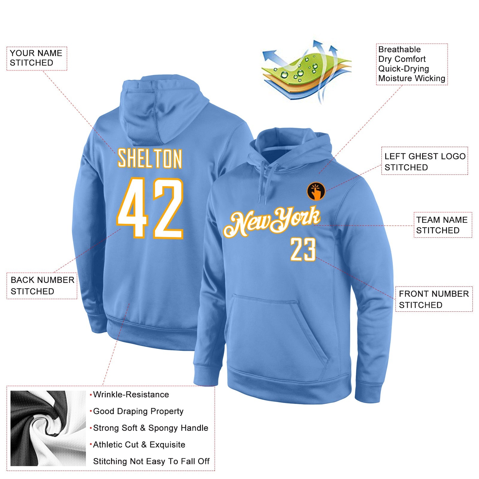 Custom Stitched Light Blue White-Gold Sports Pullover Sweatshirt Hoodie view 4