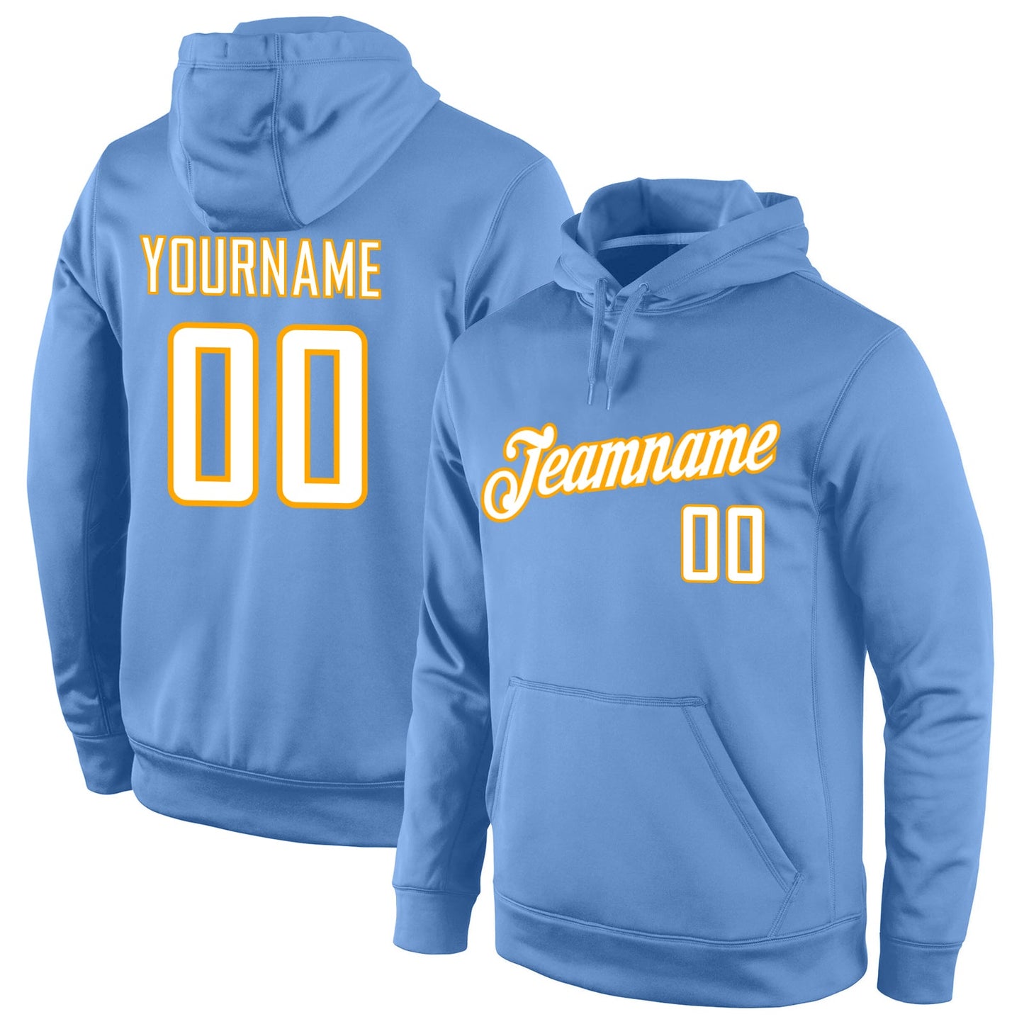 Custom Stitched Light Blue White-Gold Sports Pullover Sweatshirt Hoodie - Main View