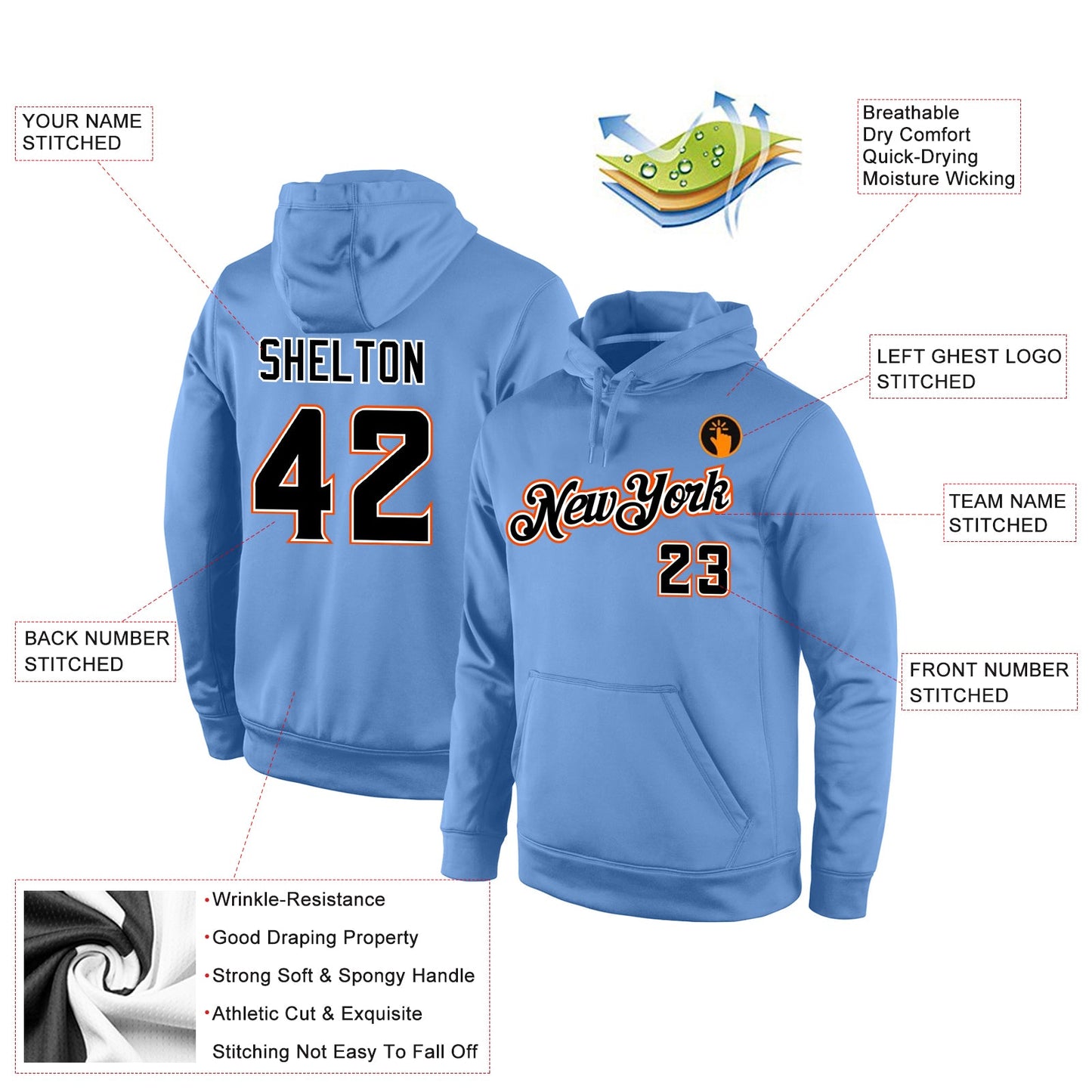 Custom Stitched Light Blue Black-Orange Sports Pullover Sweatshirt Hoodie view 4