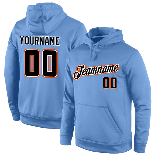Custom Stitched Light Blue Black-Orange Sports Pullover Sweatshirt Hoodie - Main View