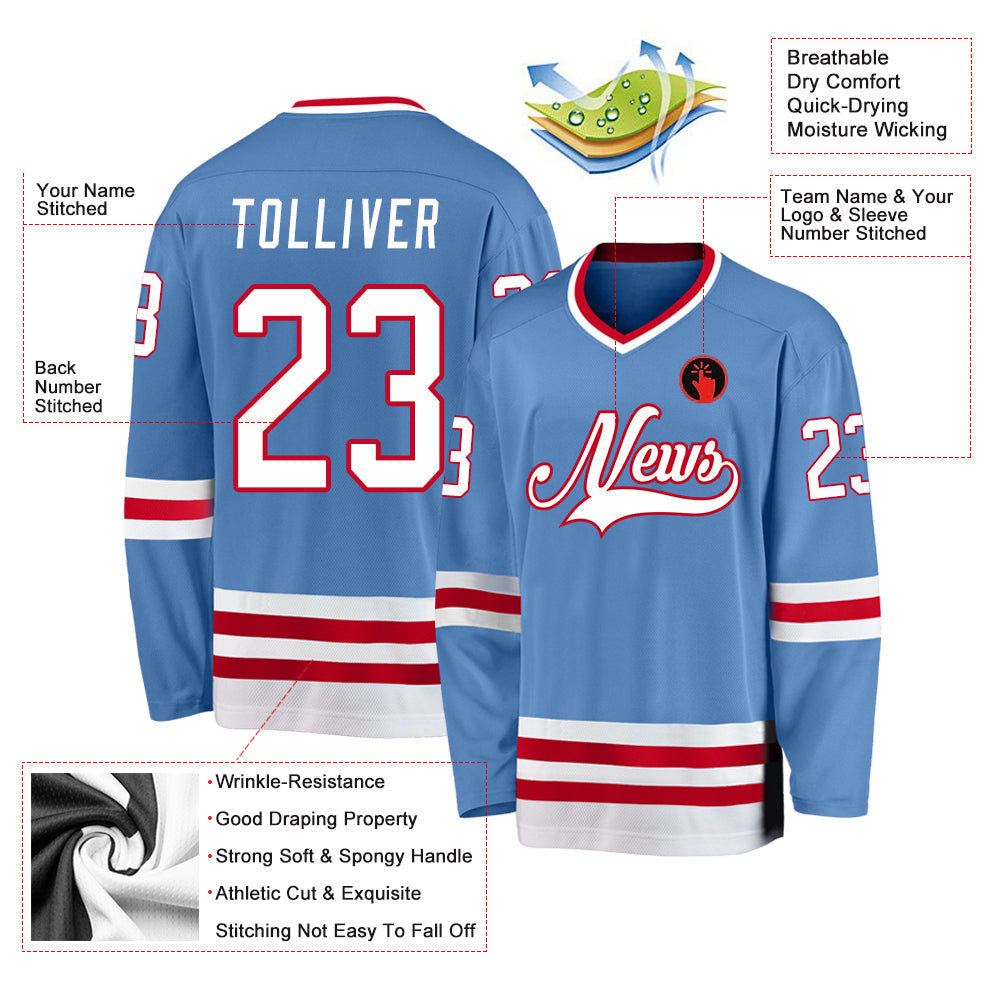 Custom Light Blue White-Red Hockey Jersey view 4