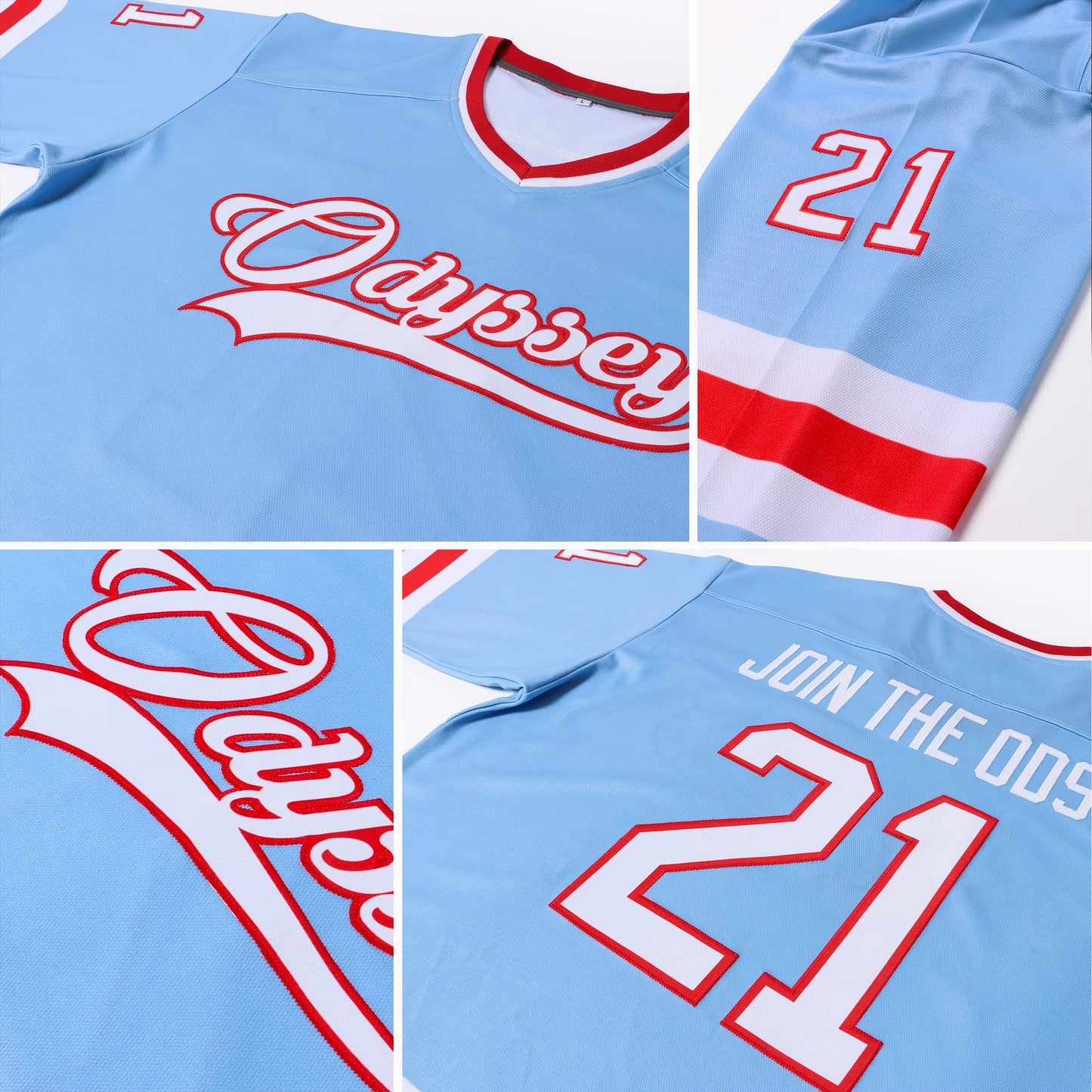 Custom Light Blue White-Red Hockey Jersey view 7