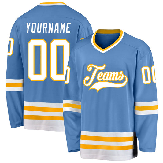 Custom Light Blue White-Gold Hockey Jersey - Main View