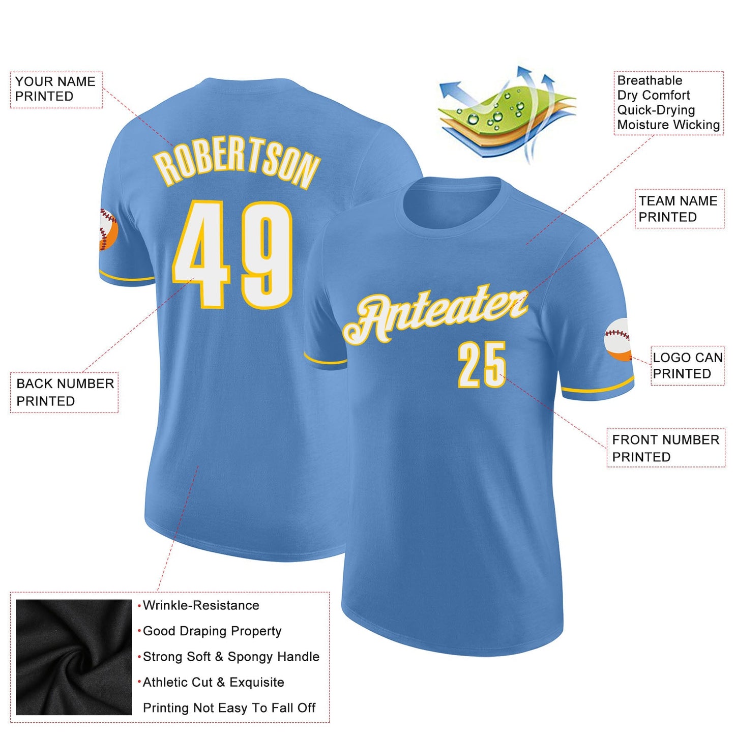 Custom Light Blue White-Gold Performance T-Shirt view 2