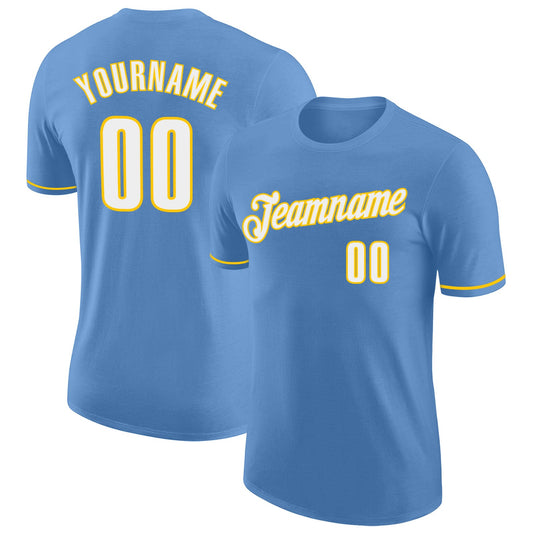 Custom Light Blue White-Gold Performance T-Shirt - Main View