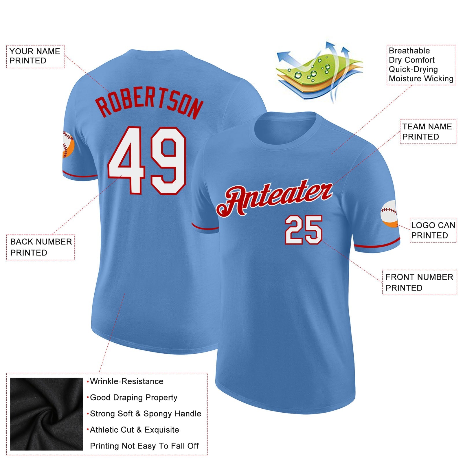 Custom Light Blue White-Red Performance T-Shirt view 2