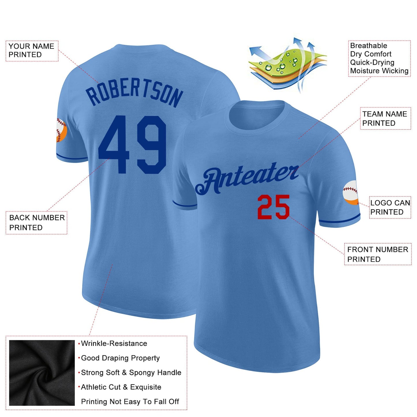 Custom Light Blue Royal-Red Performance T-Shirt view 2