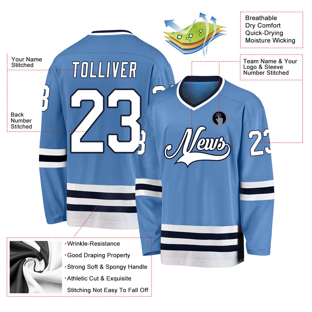 Custom Light Blue White-Navy Hockey Jersey view 2