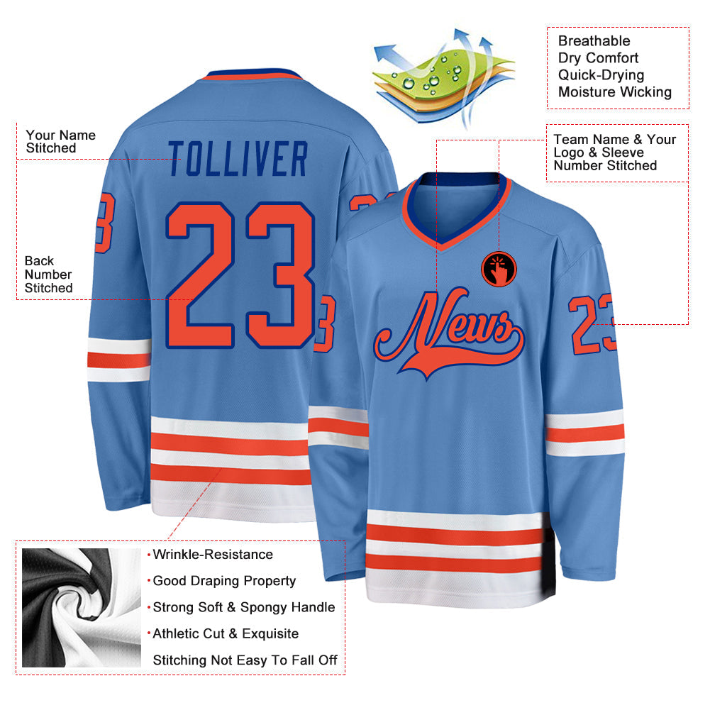 Custom Light Blue Orange-Royal Hockey Jersey view 2