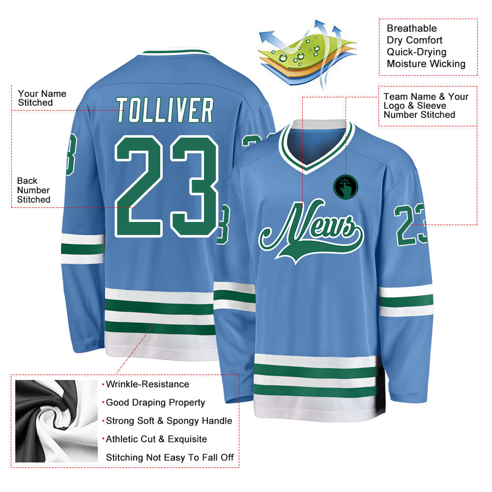 Custom Light Blue Kelly Green-White Hockey Jersey view 2
