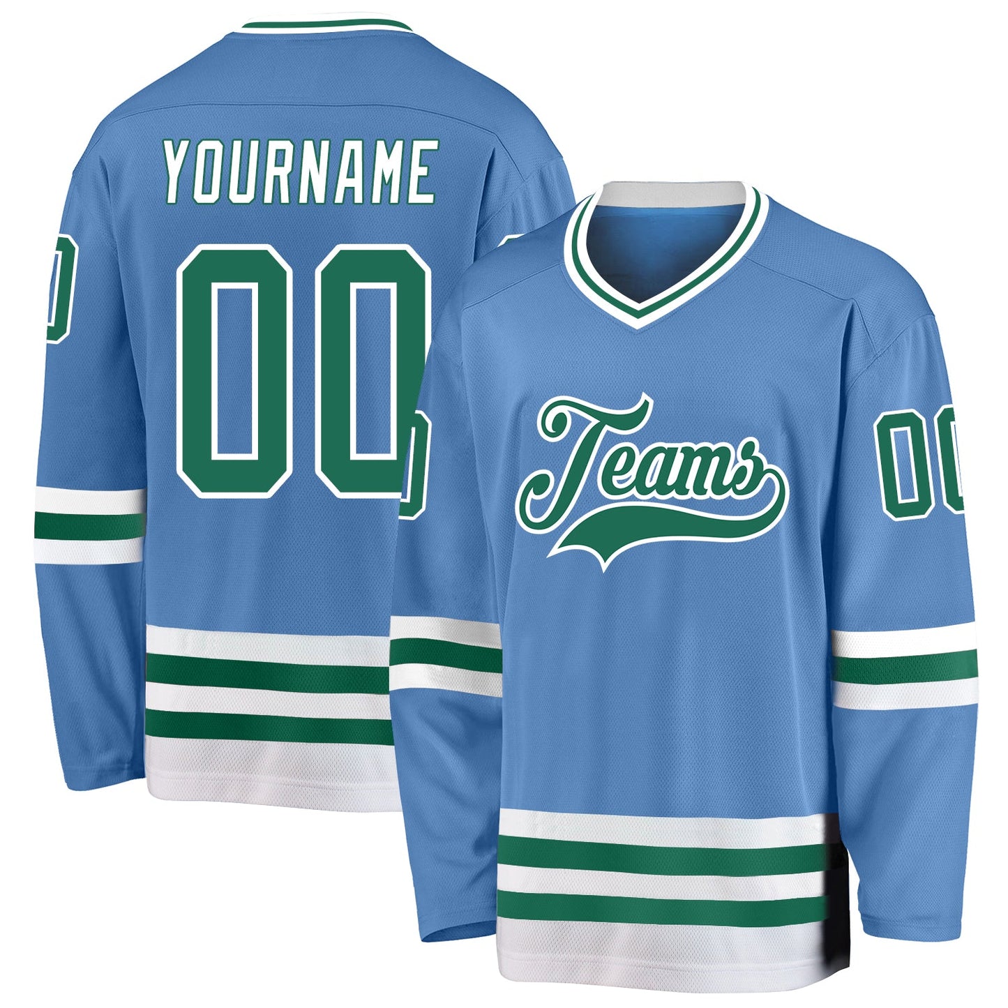 Custom Light Blue Kelly Green-White Hockey Jersey - Main View