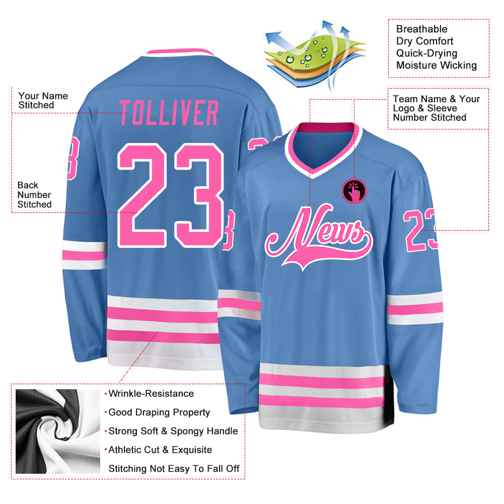 Custom Light Blue Pink-White Hockey Jersey view 2