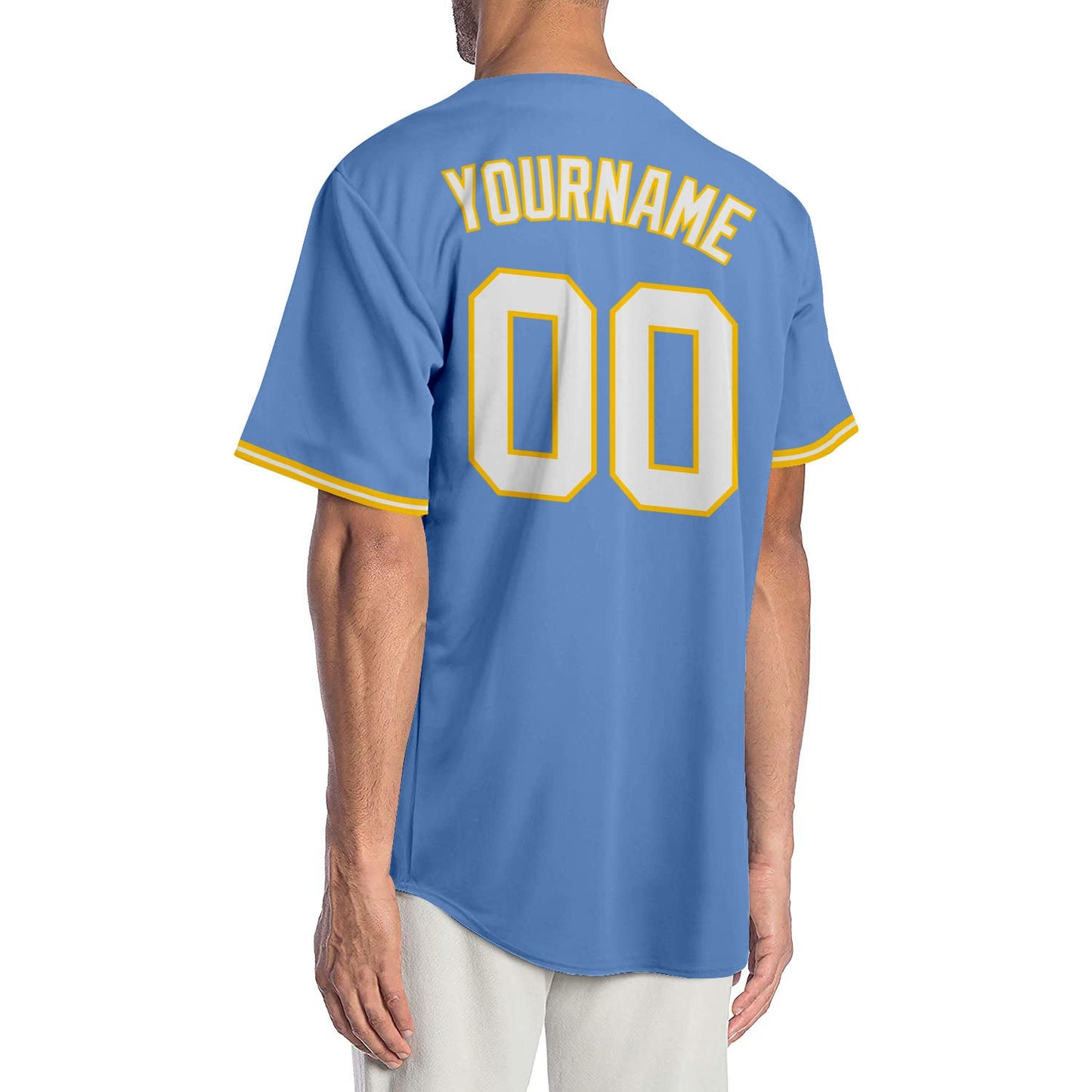 Custom Light Blue White-Gold Authentic Baseball Jersey view 2