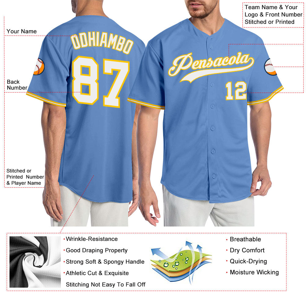 Custom Light Blue White-Gold Authentic Baseball Jersey view 3