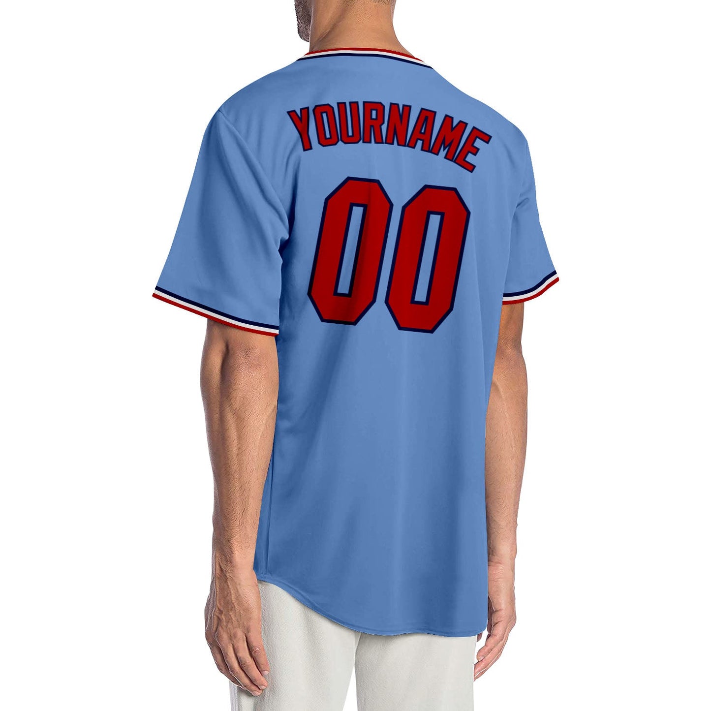 Custom Light Blue Red-Navy Authentic Baseball Jersey view 2