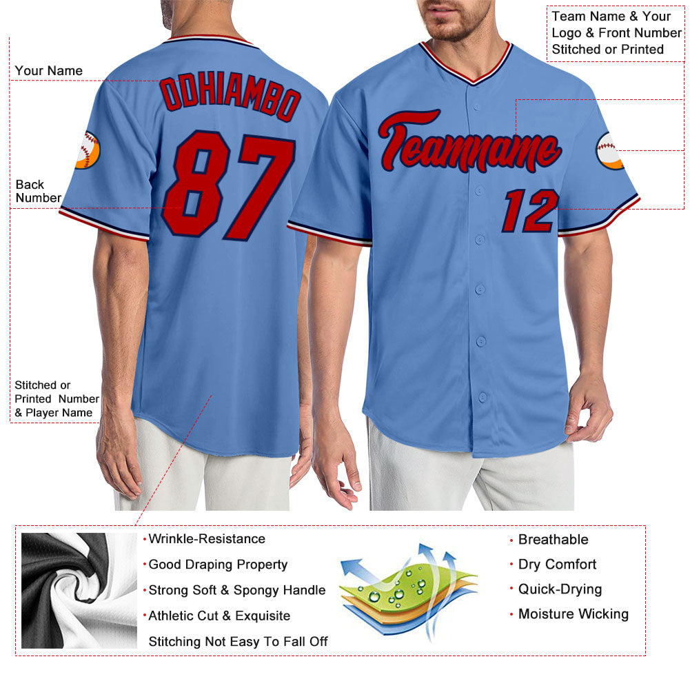 Custom Light Blue Red-Navy Authentic Baseball Jersey view 3
