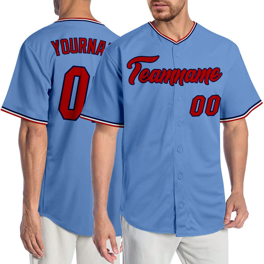 Custom Light Blue Red-Navy Authentic Baseball Jersey - Main View