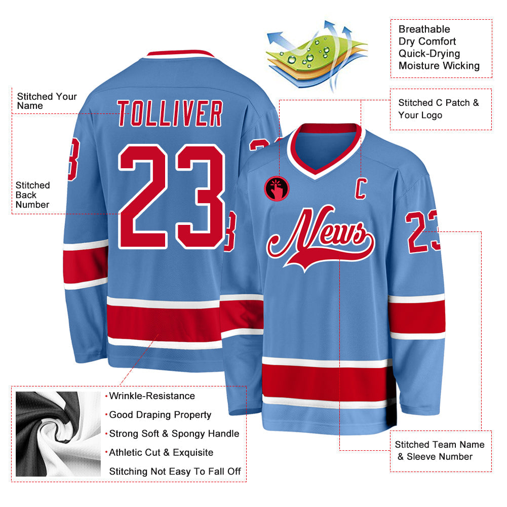 Custom Light Blue Red-White Hockey Jersey view 2