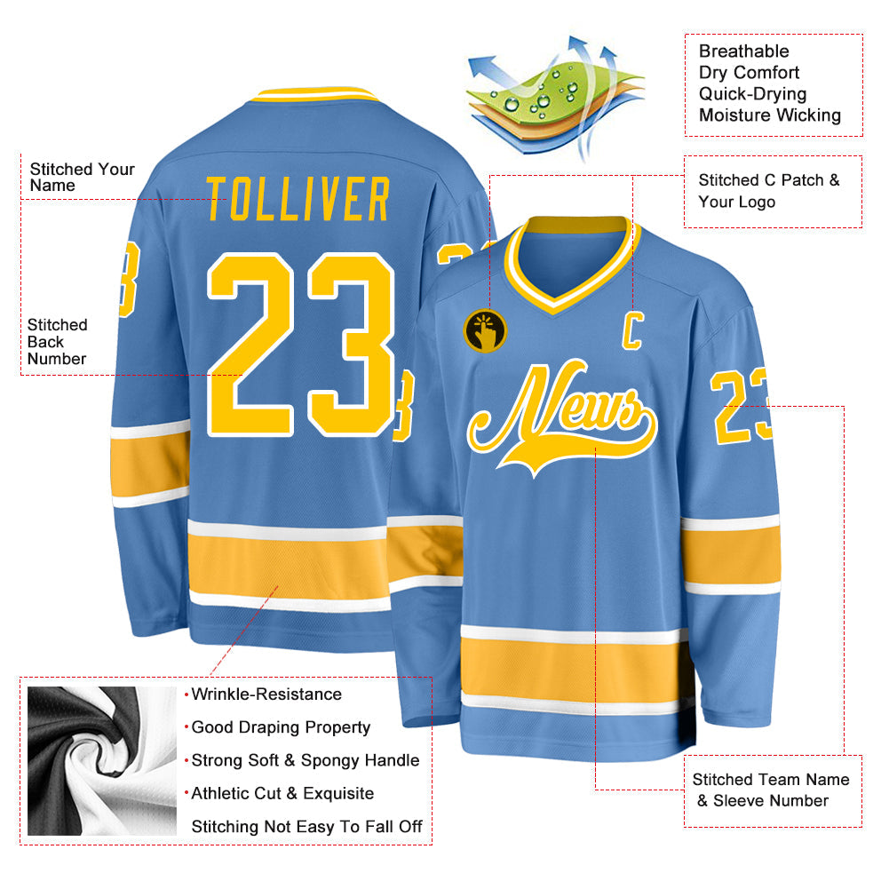 Custom Light Blue Gold-White Hockey Jersey view 2