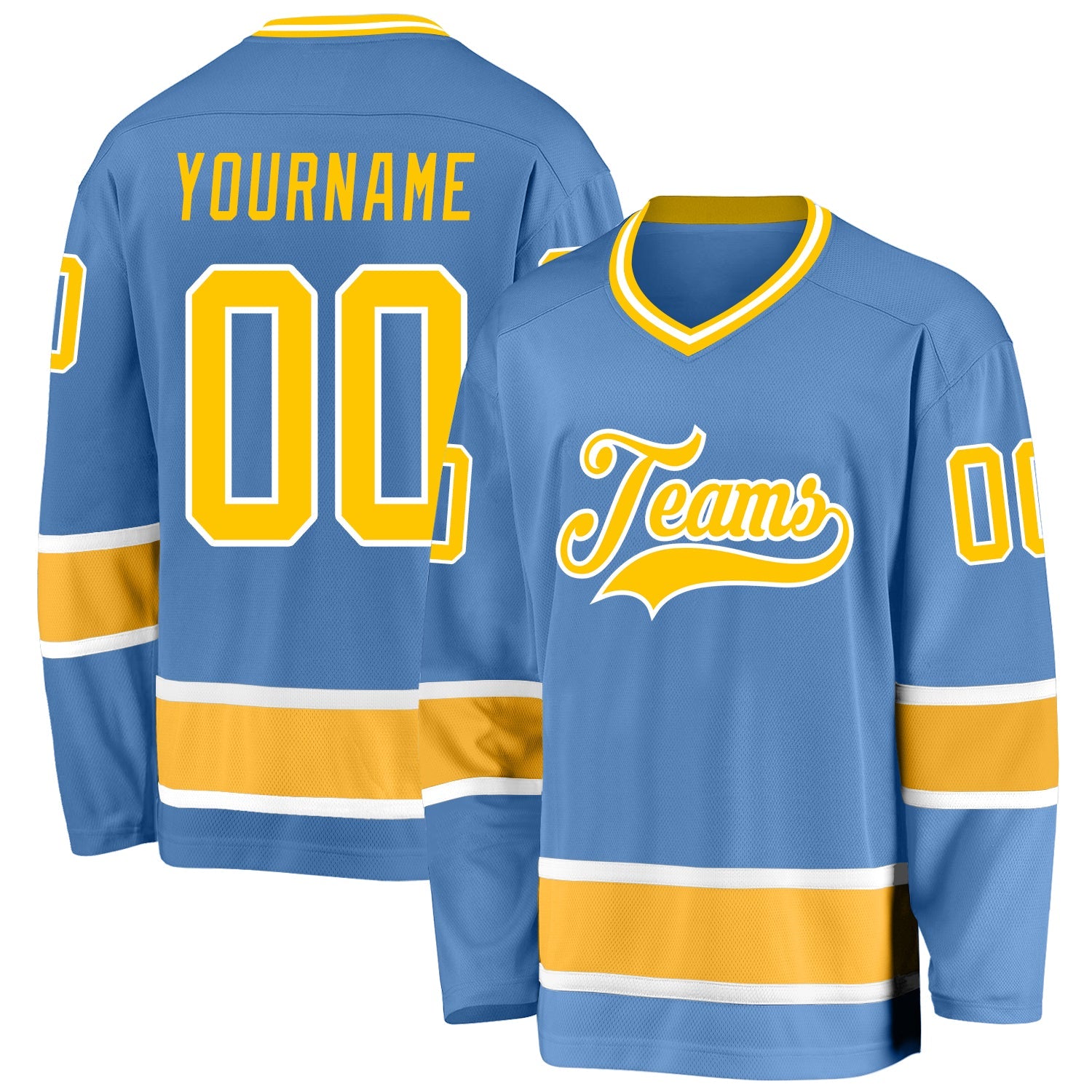 Custom Light Blue Gold-White Hockey Jersey - Main View