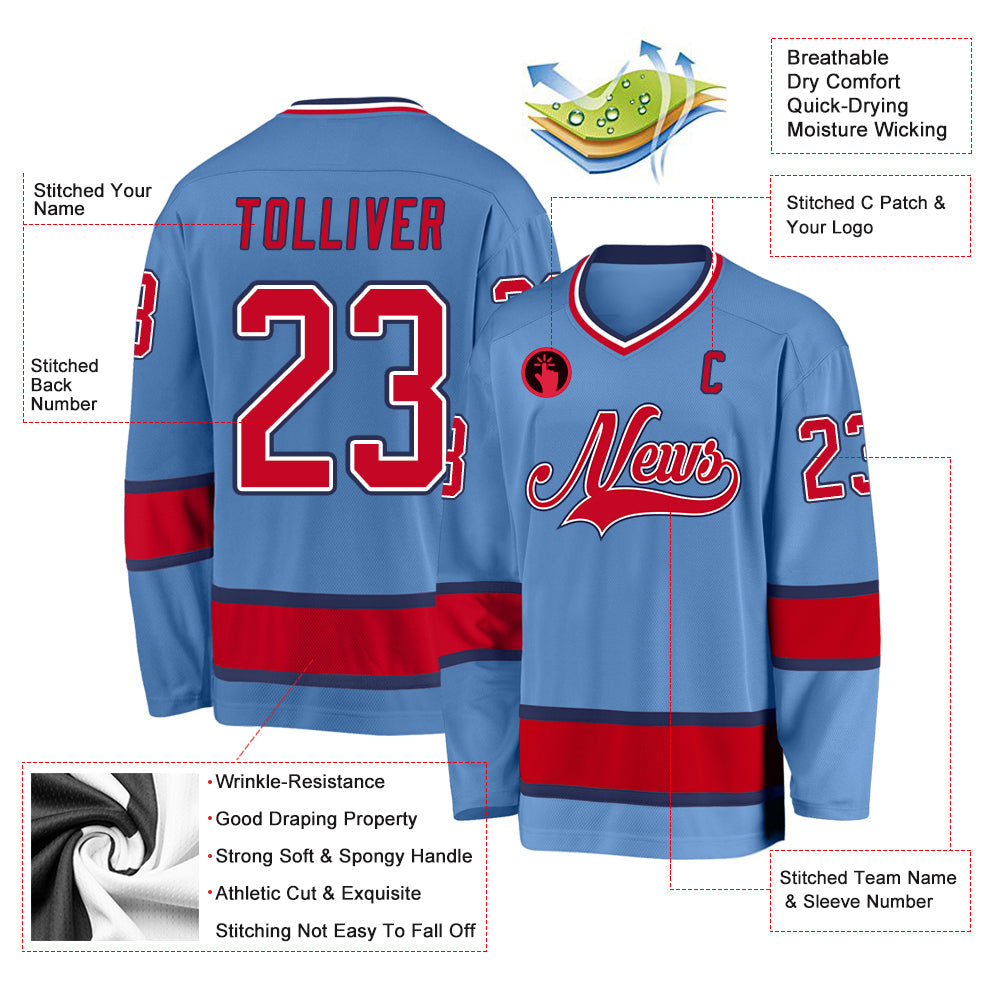 Custom Light Blue Red-Navy Hockey Jersey view 2