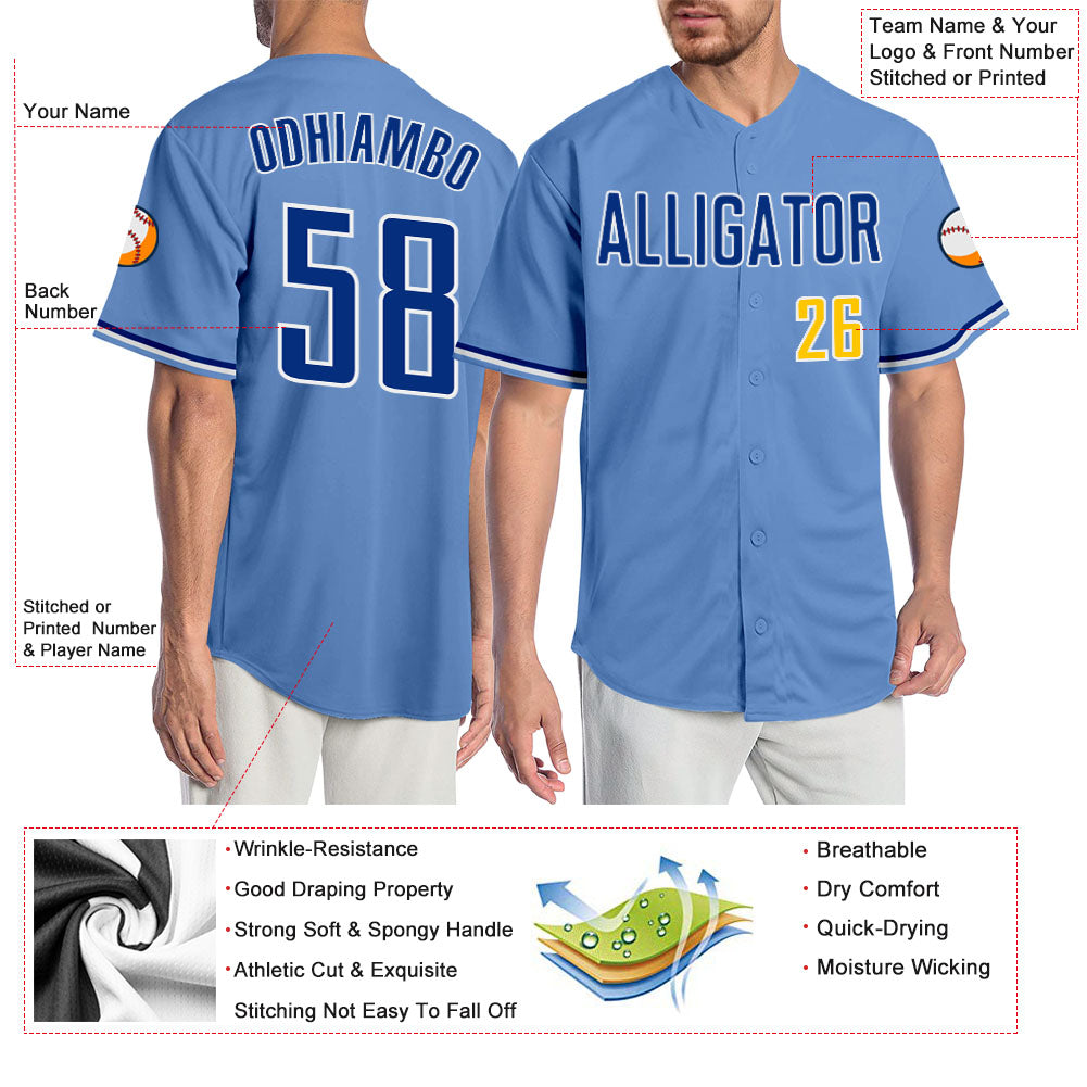 Custom Light Blue Royal-Gold Authentic Baseball Jersey view 3