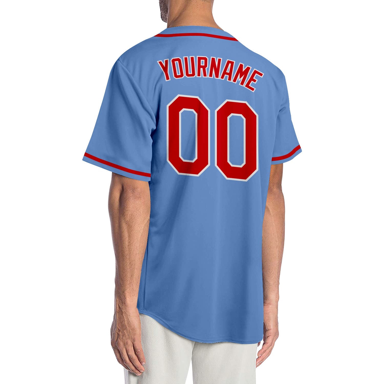 Custom Light Blue Red-White Authentic Baseball Jersey view 2