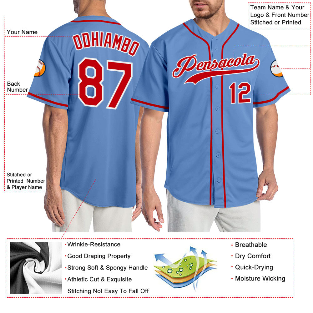 Custom Light Blue Red-White Authentic Baseball Jersey view 3