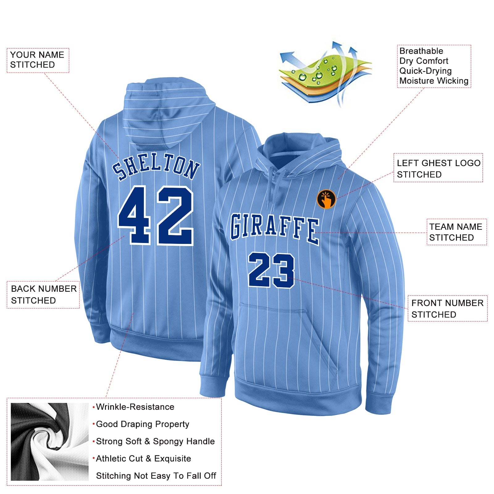 Custom Stitched Light Blue White Pinstripe Royal-White Sports Pullover Sweatshirt Hoodie view 2