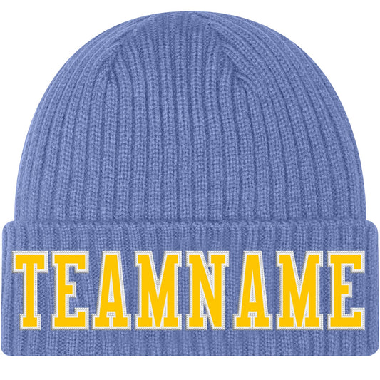 Custom Light Blue Gold-White Stitched Cuffed Knit Hat - Main View