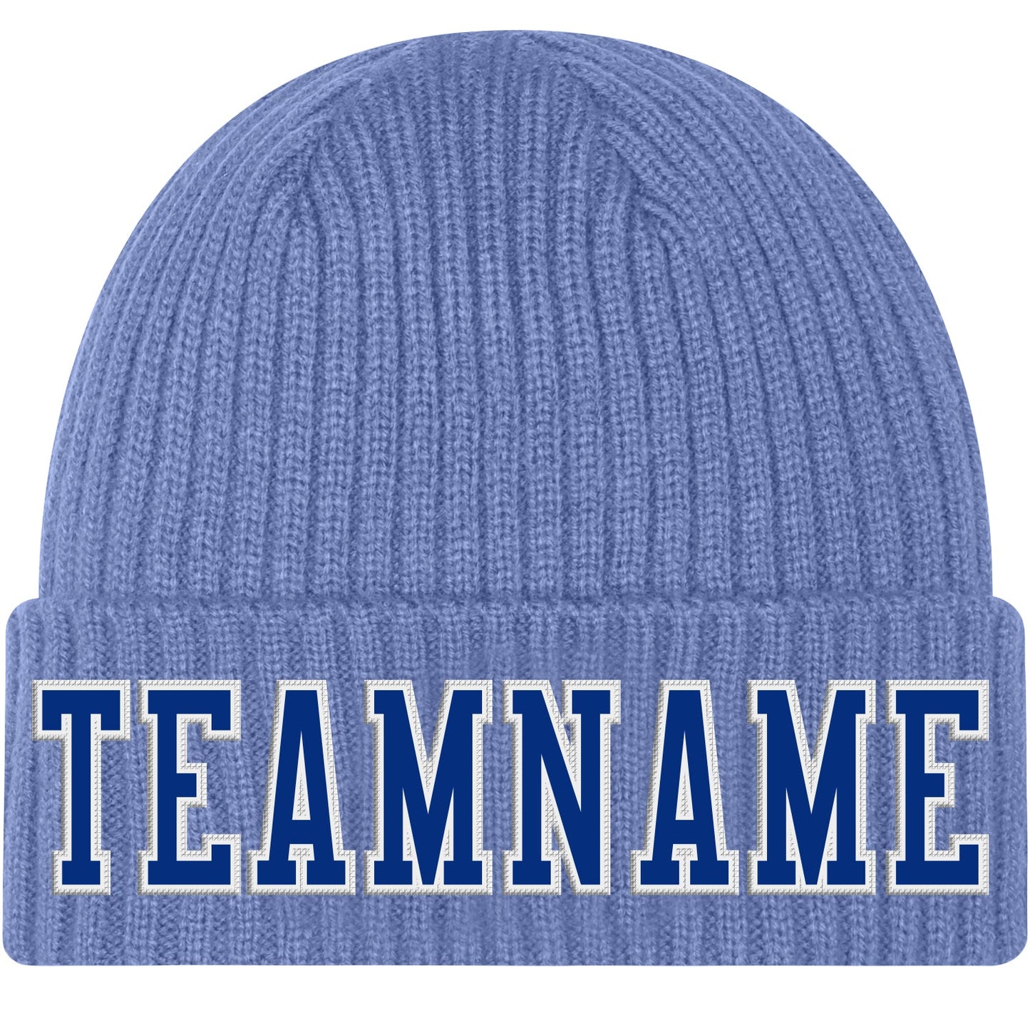 Custom Light Blue Royal-White Stitched Cuffed Knit Hat - Main View
