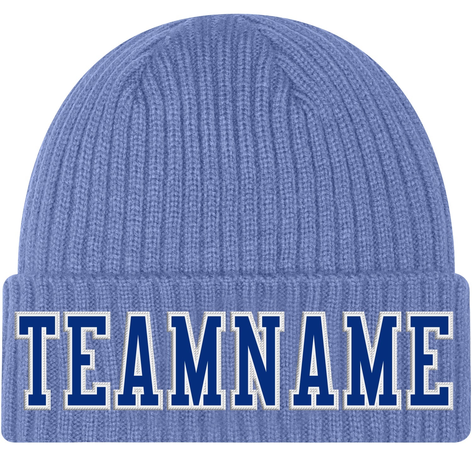 Custom Light Blue Royal-White Stitched Cuffed Knit Hat - Main View