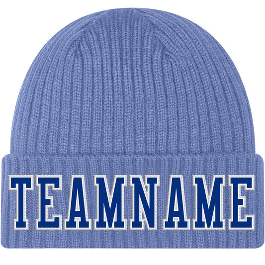 Custom Light Blue Royal-White Stitched Cuffed Knit Hat - Main View