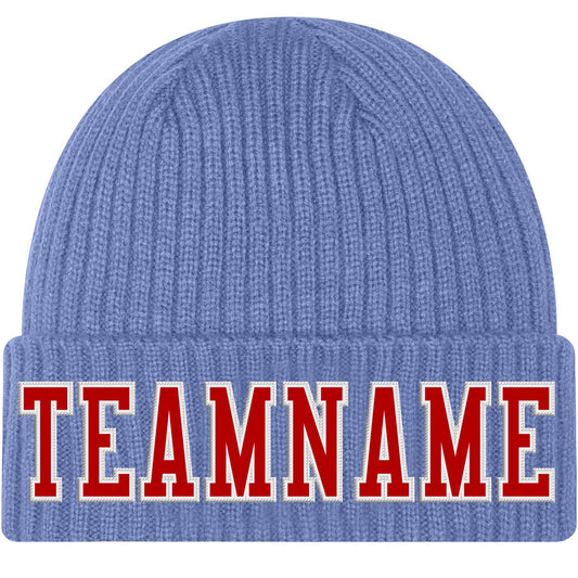 Custom Light Blue Red-White Stitched Cuffed Knit Hat - Main View