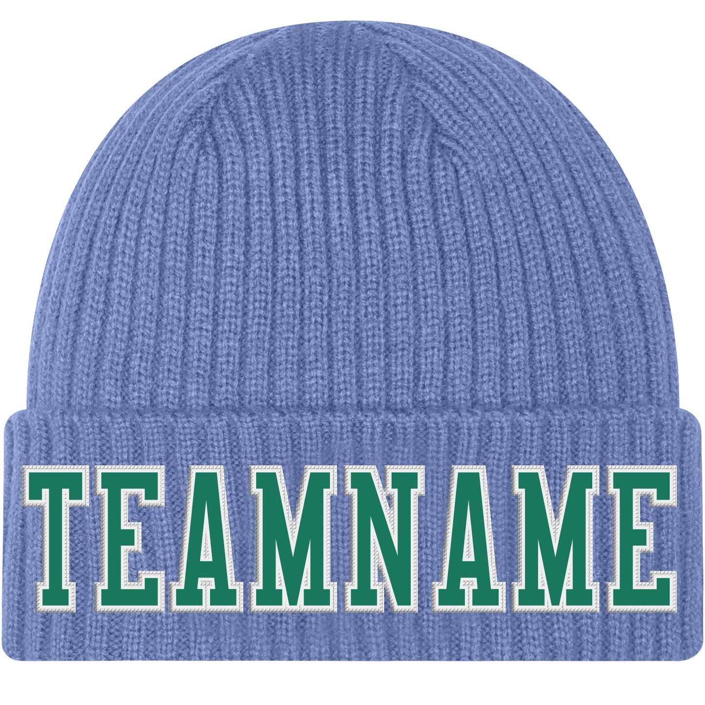 Custom Light Blue Kelly Green-White Stitched Cuffed Knit Hat - Main View
