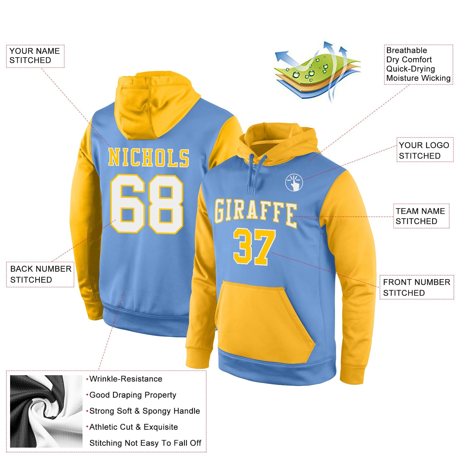 Custom Stitched Light Blue White-Gold Sports Pullover Sweatshirt Hoodie view 2