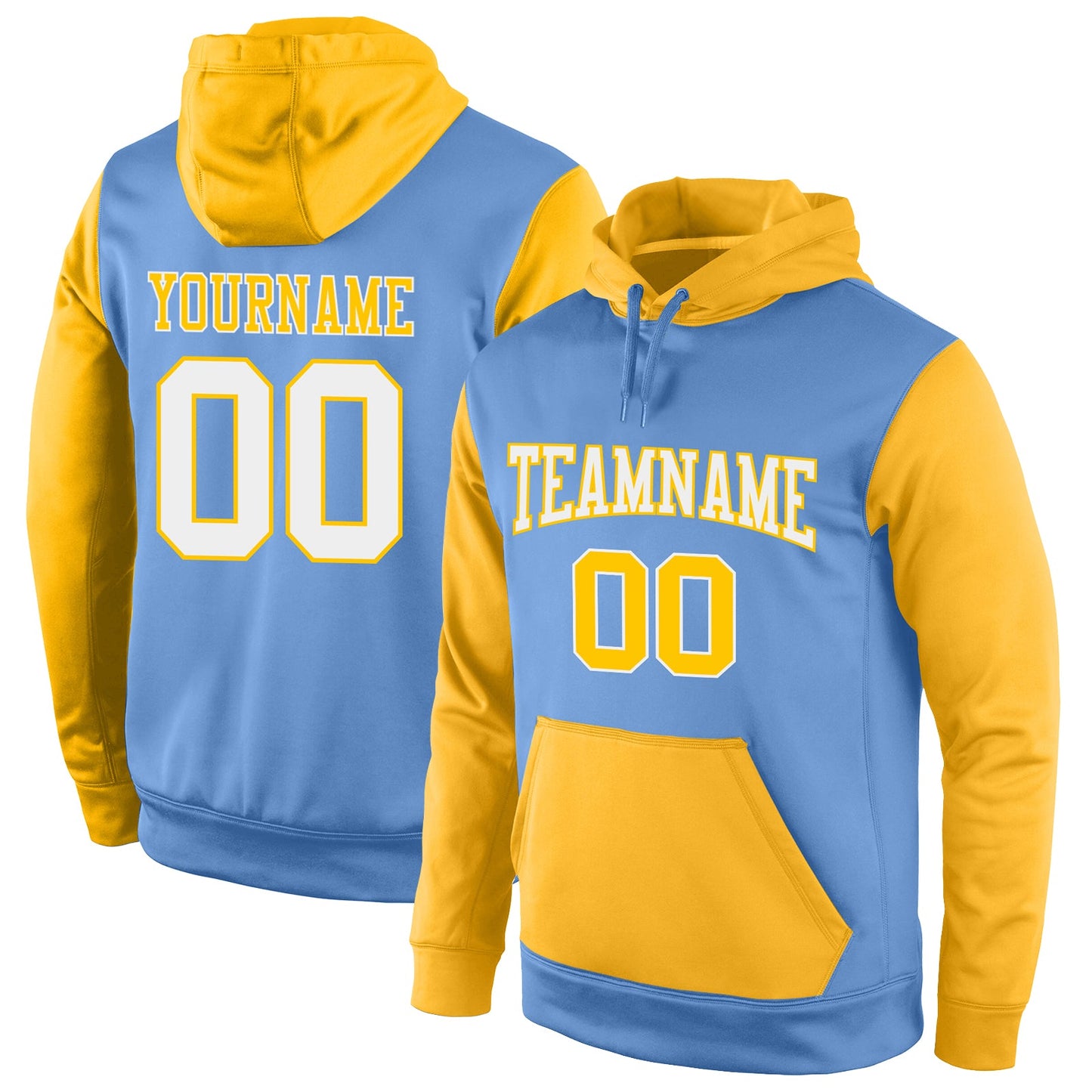 Custom Stitched Light Blue White-Gold Sports Pullover Sweatshirt Hoodie - Main View