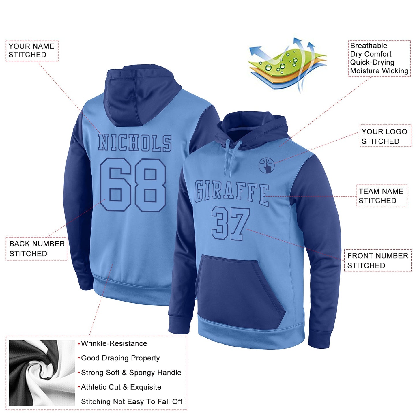 Custom Stitched Light Blue Light Blue-Royal Sports Pullover Sweatshirt Hoodie view 2